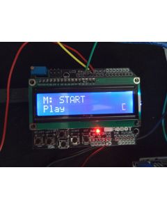 OPO Synth running. Photo from front. LCD on LCD-keypad shield is lit and says "M: START" on first row and "Play" on second row